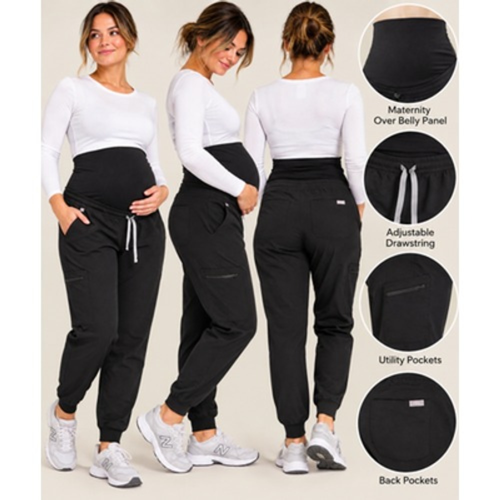 FIGS Zamora Maternity Jogger Scrub Pants Womens XXL Petite Black Over Belly